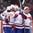 OSTRAVA, CZECH REPUBLIC - MAY 6: Norway's Mats Rosseli Olsen #51 celebrates with Morten Ask #21 and Mattias Norstebo #10 after scoring Team Norway's second goal of the game during preliminary round action at the 2015 IIHF Ice Hockey World Championship. (Photo by Richard Wolowicz/HHOF-IIHF Images)

